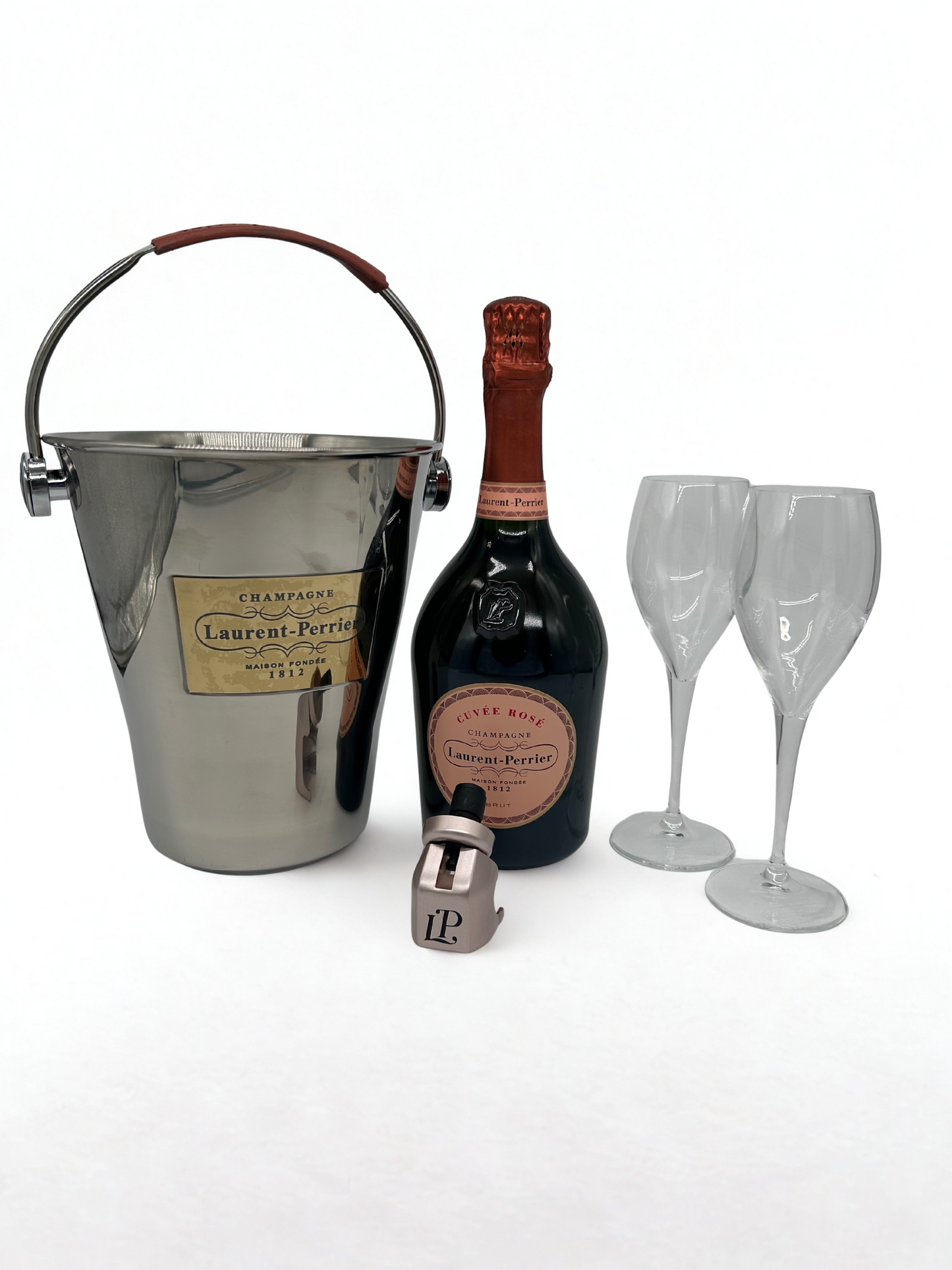 Laurent Perrier Rosé + 2 LPR branded Crystal champagne flutes, LPR bottle stopper, LPR stainless steel ice bucket with leather handle and gold plaque - Bodega Movil