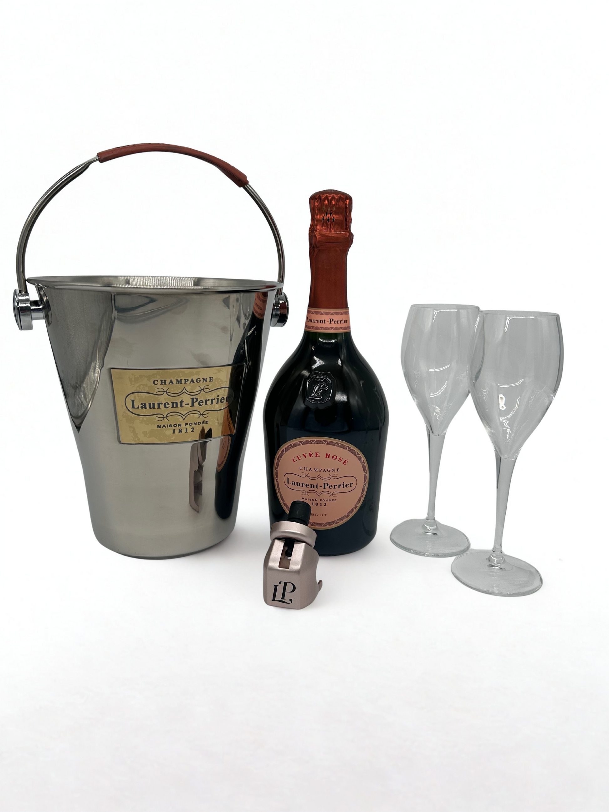 Laurent Perrier Rosé + 2 LPR branded Crystal champagne flutes, LPR bottle stopper, LPR stainless steel ice bucket with leather handle and gold plaque - Bodega Movil