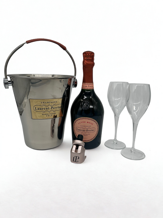 Laurent Perrier Rosé + 2 LPR branded Crystal champagne flutes, LPR bottle stopper, LPR stainless steel ice bucket with leather handle and gold plaque - Bodega Movil