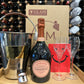 Laurent Perrier Rosé + 2 LPR branded Crystal champagne flutes, LPR bottle stopper, LPR stainless steel ice bucket with leather handle and gold plaque - Bodega Movil