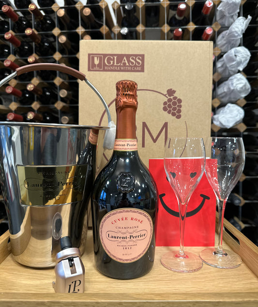 Laurent Perrier Rosé + 2 LPR branded Crystal champagne flutes, LPR bottle stopper, LPR stainless steel ice bucket with leather handle and gold plaque - Bodega Movil