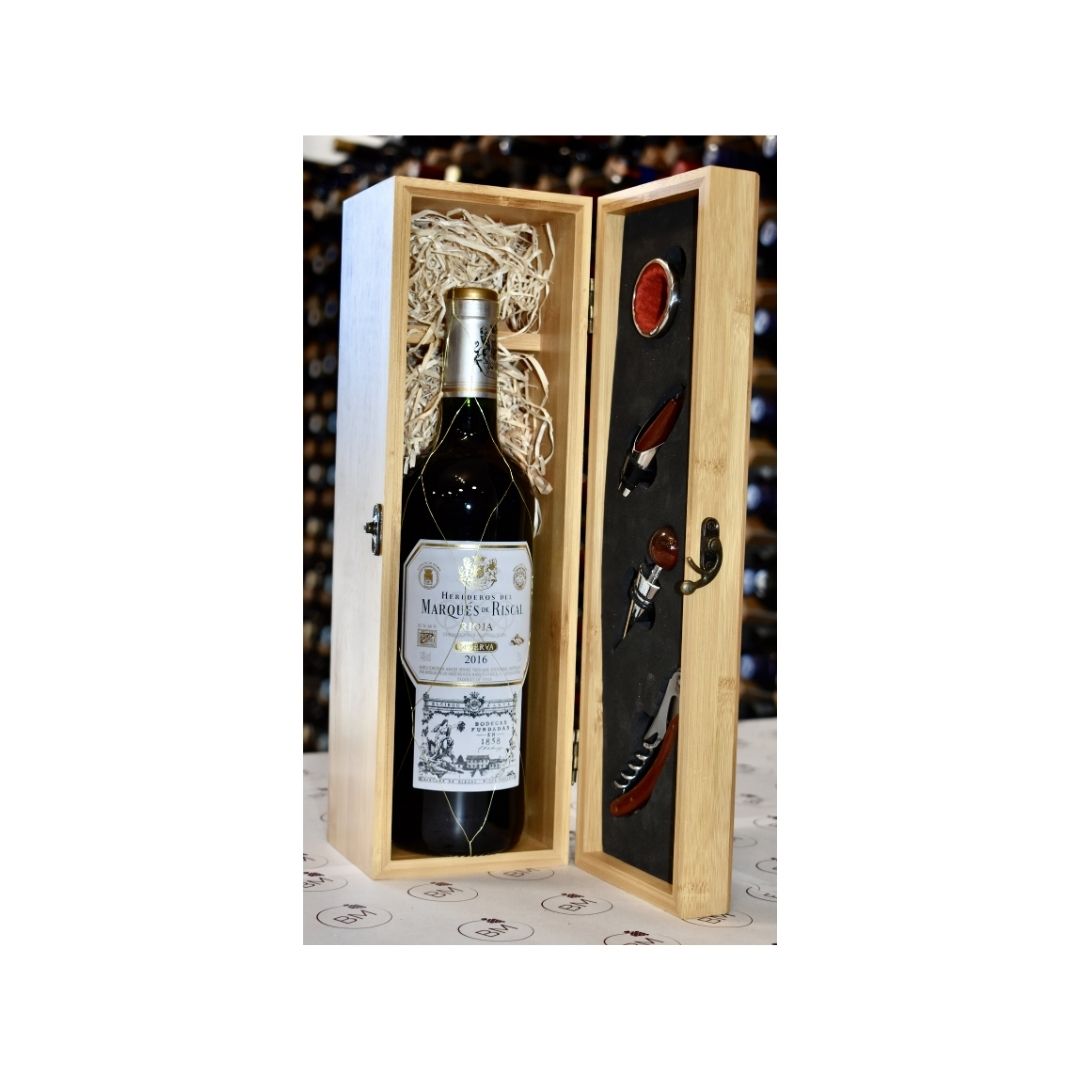 Personalised solid wooden box + Marques De Riscal Reserva Rioja 2016 - Bodega Movil
